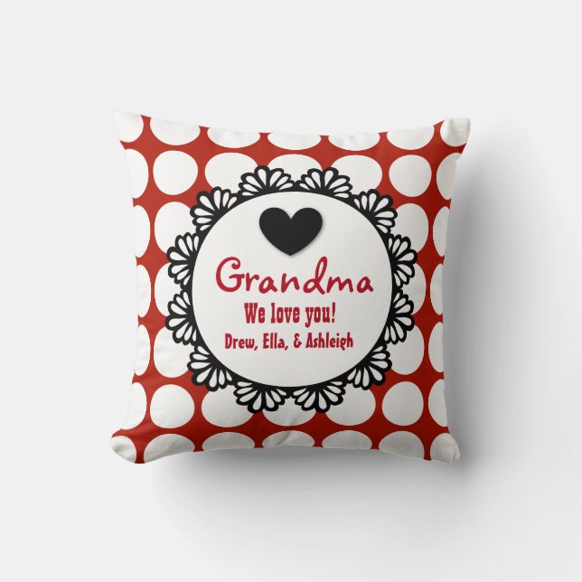 GRANDMA We Love You RED DOTS Lace Pattern E03 Throw Pillow (Front)