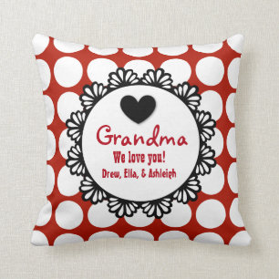 GRANDMA We Love You RED DOTS Lace Pattern E03 Throw Pillow