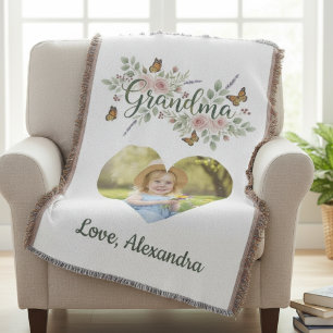 Grandma Wildflower Botanical Heart Photo Throw Blanket
