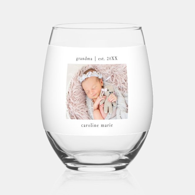 Grandma Year Established New Baby Photo Stemless Wine Glass (Front)