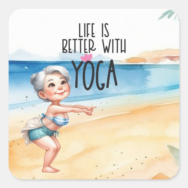 Grandma Yoga Pose by the beach Square Sticker (Front)