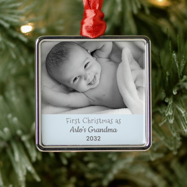 Grandma's 1st Christmas Personalized Square Photo Metal Ornament (Tree)