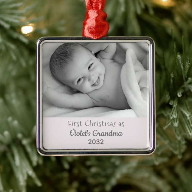 Grandma's 1st Christmas Personalized Square Photo  Metal Ornament (Tree)