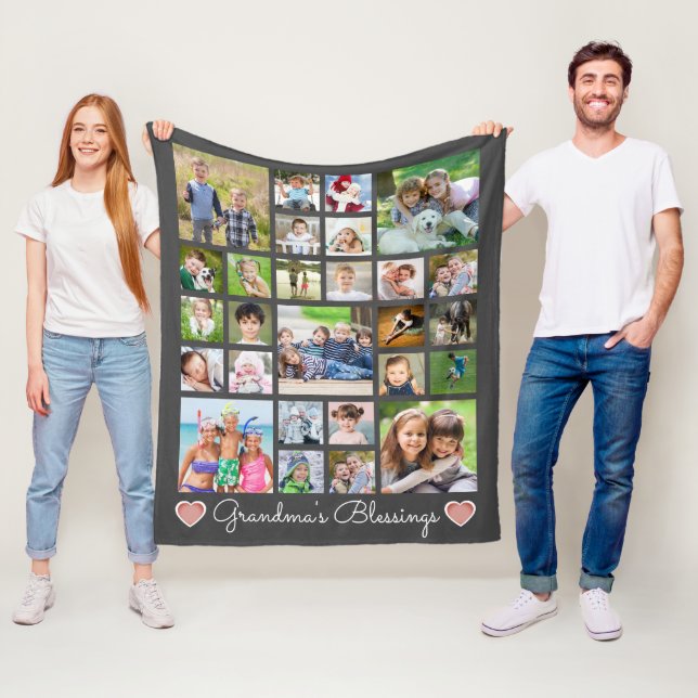 Grandma's Blessings 27 Photo Collage Custom Colour Fleece Blanket (In Situ)
