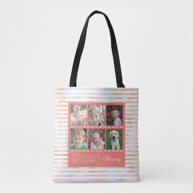 Grandma's Blessings Orange & Teal Photo Collage Tote Bag (Front)