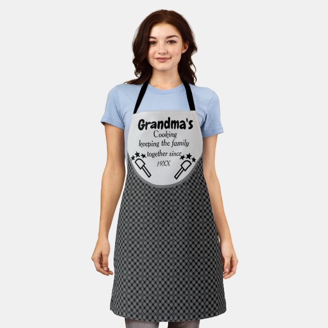 Grandma's Custom Cooking Black Chequered Pattern Apron (Worn)