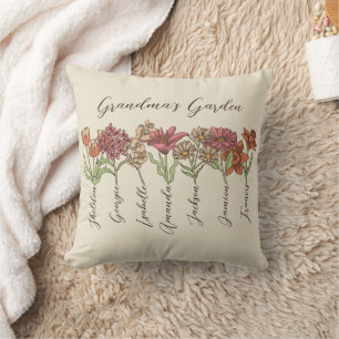 Grandma's Flower Garden 7 Grandkids Name Floral Throw Pillow