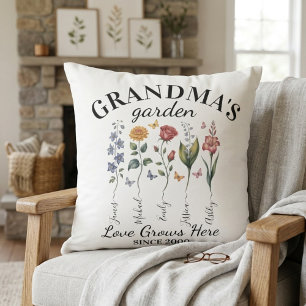 Grandma's Garden Birth Flowers Love Grows Here Throw Pillow