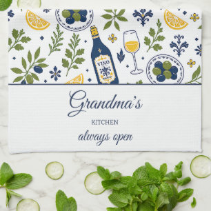 Grandma's Kitchen Always Open Olives Wine Pattern Towel