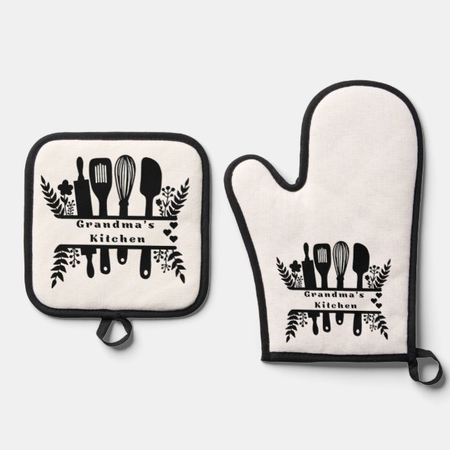 Grandma's Kitchen: Black Kitchen Tools Collection Oven Mitt & Pot Holder Set (Front)