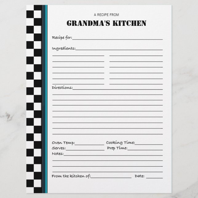 Grandma's Kitchen Chequered Recipe Stencil (Front)