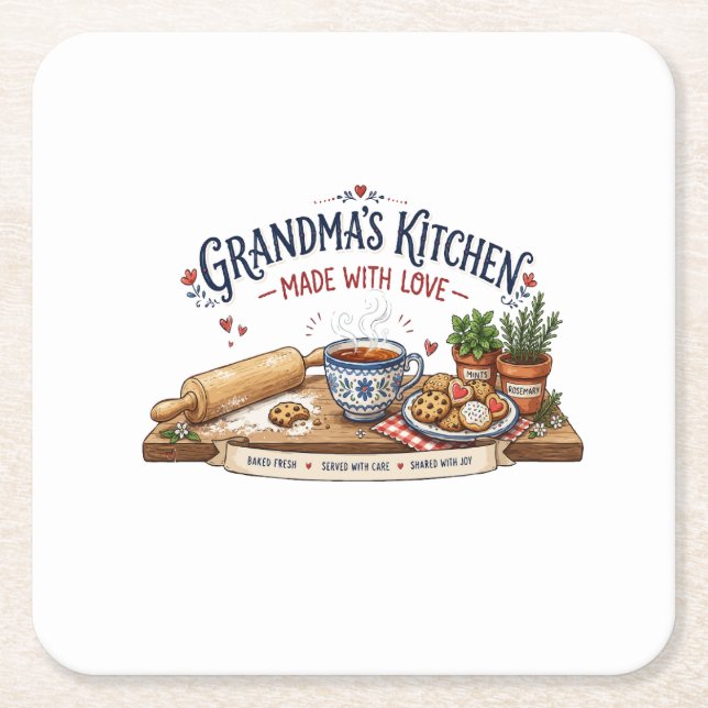 Grandma's Kitchen Made With Love Square Paper Coaster (Front)