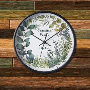 Grandma's Kitchen Personalized Watercolor Wreath Clock