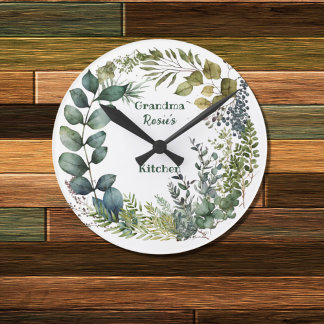 Grandma's Kitchen | Personalized Watercolor Wreath Round Clock