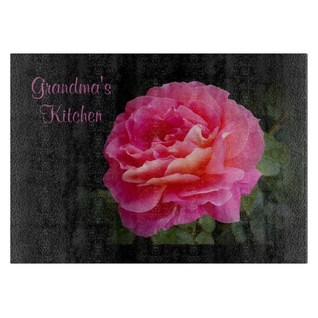 Grandma's Kitchen Pink Rose Personalized  Cutting Board (Front)