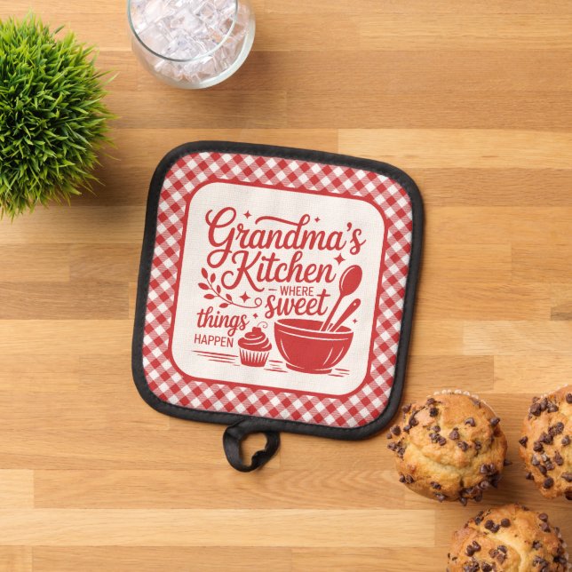 Grandma's Kitchen Red White Plaid Cooking Pot Holder (Top Down)