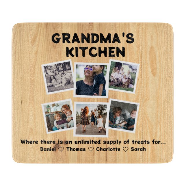 Grandma's Kitchen With Custom 6 Photos & Names Cutting Board (Front)