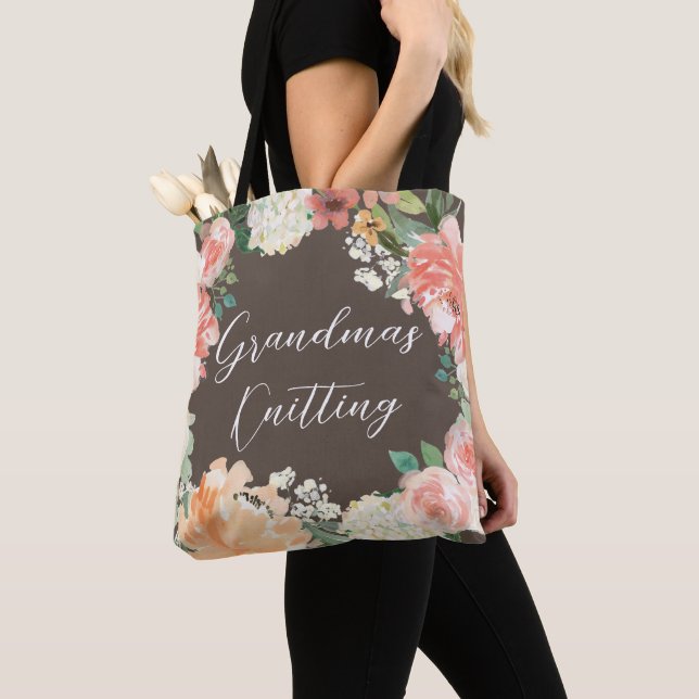 Grandma's Knitting Colour Peach Watercolor Floral Tote Bag (Close Up)
