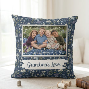 Grandma's Loves Navy Floral Photo Throw Pillow