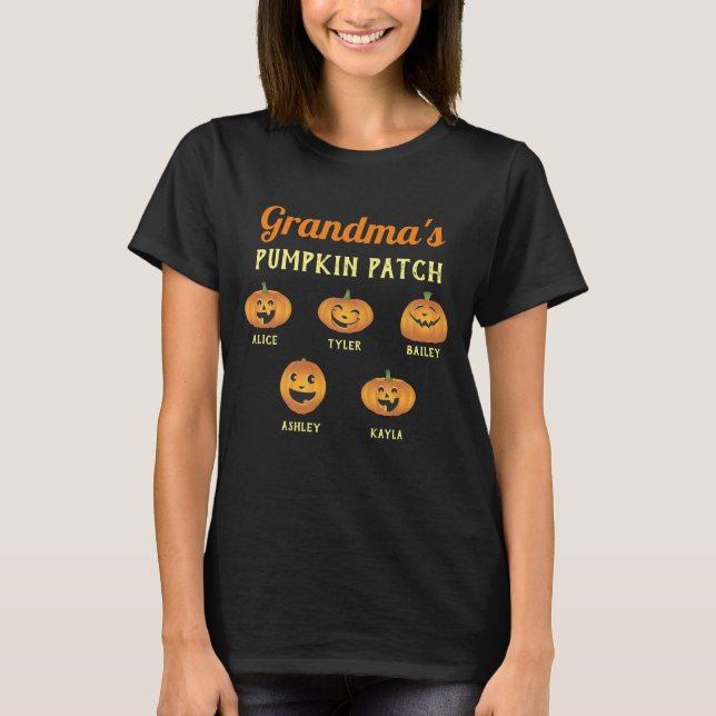Grandma's Pumpkin Patch Custom Grandkids Names T-Shirt (Front)