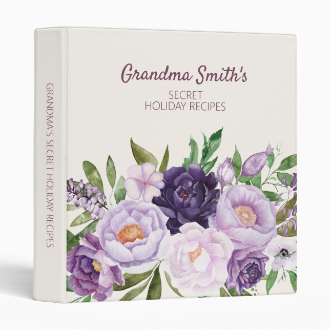 Grandma's Recipe Cookbook Purple Floral Greenery Binder (Front/Spine)