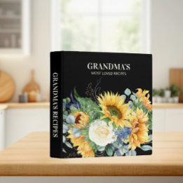 Grandma's Recipe Cookbook Yellow Sunflowers Black Binder