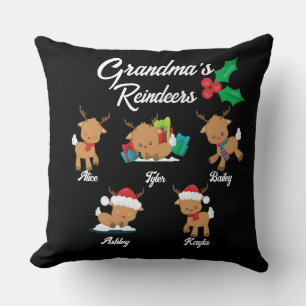 Grandma's Reindeer 5 Custom Grandkids Names Xmas Throw Pillow