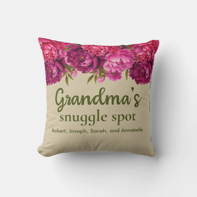 Grandma's Snuggle Spot Floral with Names Throw Pillow (Front)