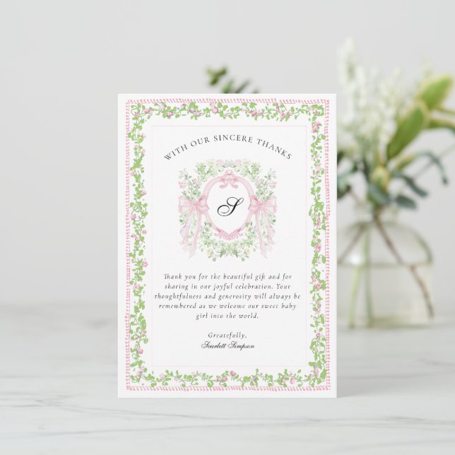 Grandmellinial Botanical Monogram Crest Thank You  Card (Standing Front)