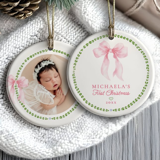 Grandmillenial Bows Baby's First Christmas Photo Ceramic Ornament (Creator Uploaded)