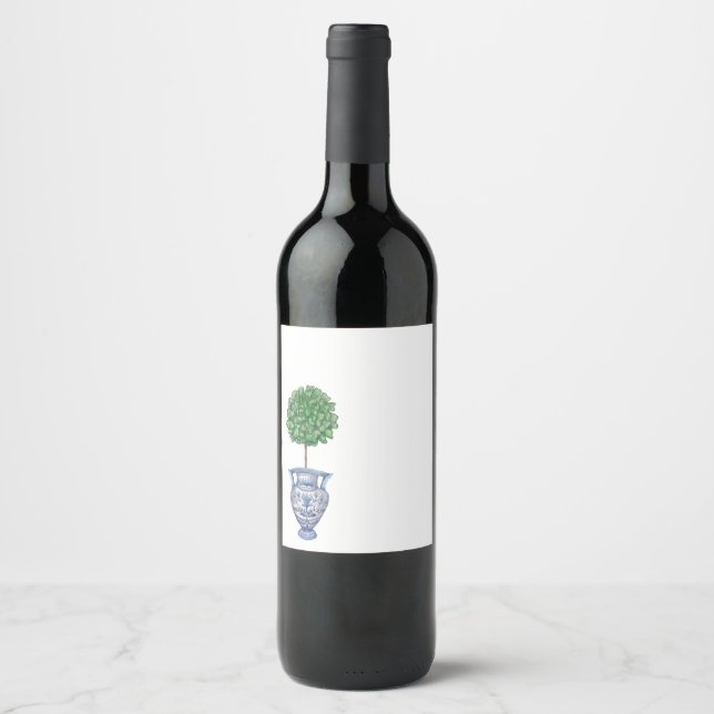 Grandmillenial boxwood topiary blue chinoiserie wine label (Front)