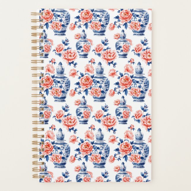 Grandmillenial Chinoiserie Ginger Jar Pink Peonies Planner (Front)