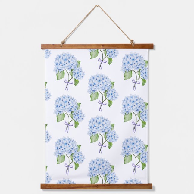 Grandmillenial floral hydrangea bow blue preppy  hanging tapestry (Front)