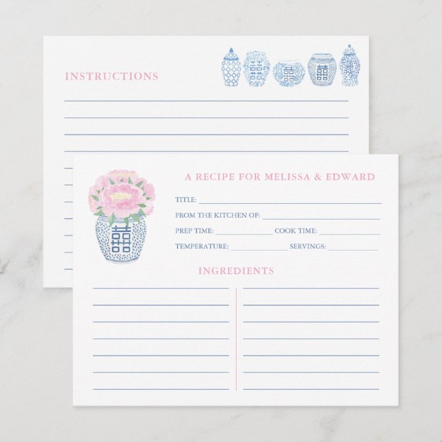 Grandmillenial Pink Peony Blue & White Recipe Card (Front/Back)
