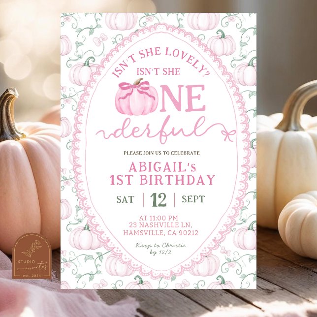 Grandmillenial Preppy Pink Pumpkin Girl Onefderful Invitation (Creator Uploaded)