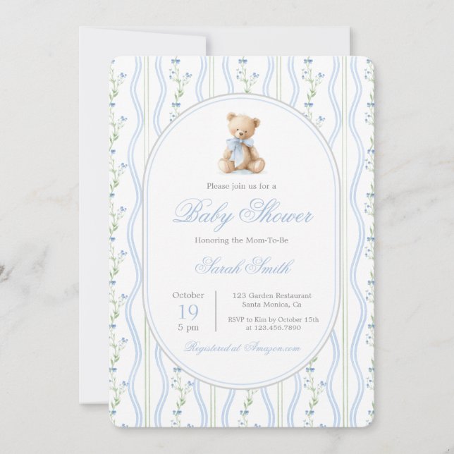 Grandmillennial Bear Baby Shower Boy Invitation (Front)