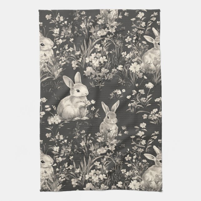 Grandmillennial Black Rabbit Toile Pattern Kitchen Towel (Vertical)