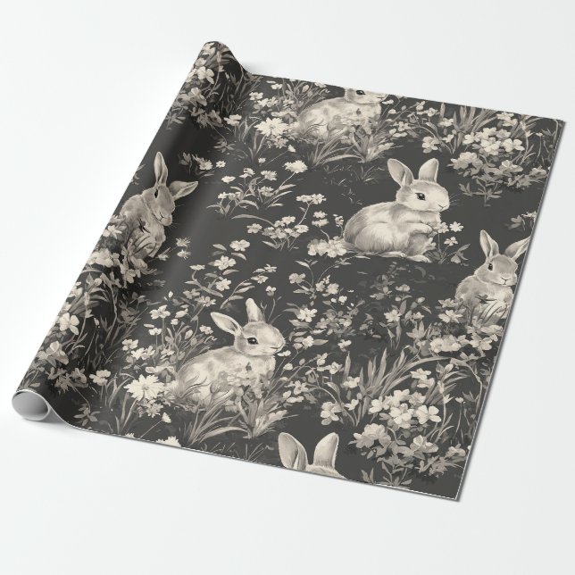 Grandmillennial Black Rabbit Toile Pattern Wrapping Paper (Unrolled)