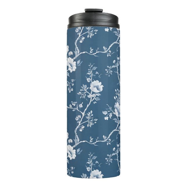 Grandmillennial Blue and White Rose Tumbler (Front)