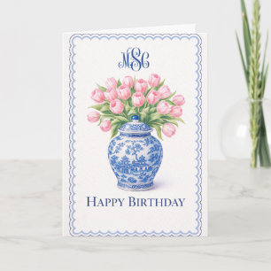 Grandmillennial Blue Ginger Jar Pink Tulips Card