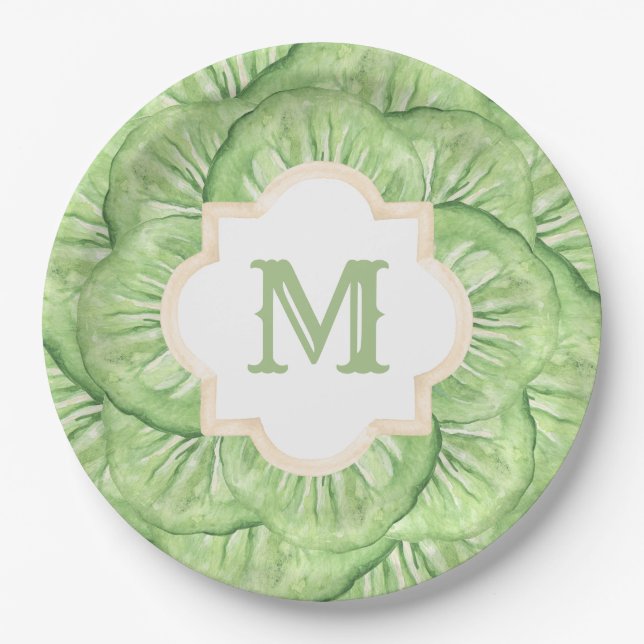Grandmillennial Cabbage Leaf Monogram Paper  Plate (Front)