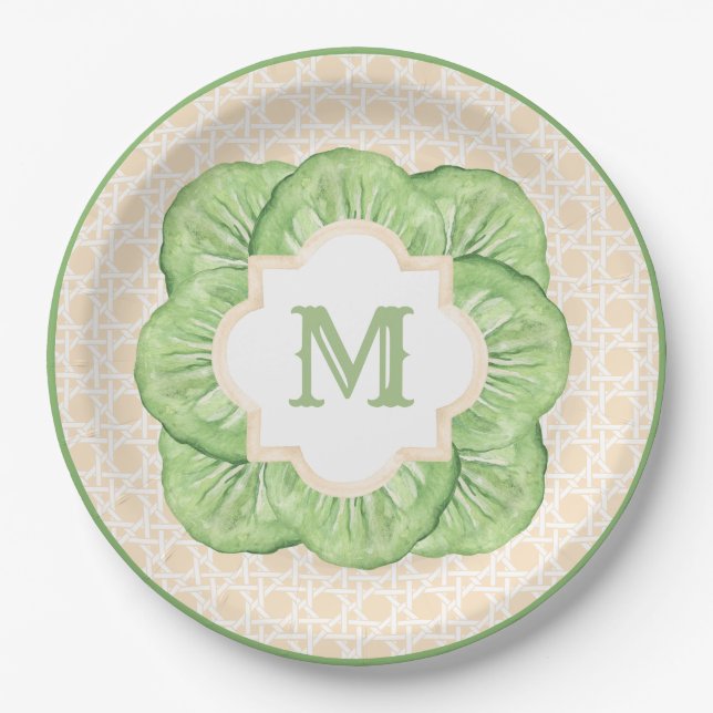 Grandmillennial Cabbage Leaf Monogram | Rattan Paper Plate (Front)