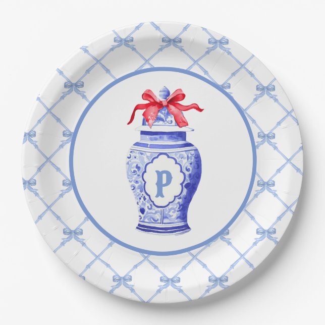 Grandmillennial Chinoiserie Ginger Jar Monogram Paper Plate (Front)