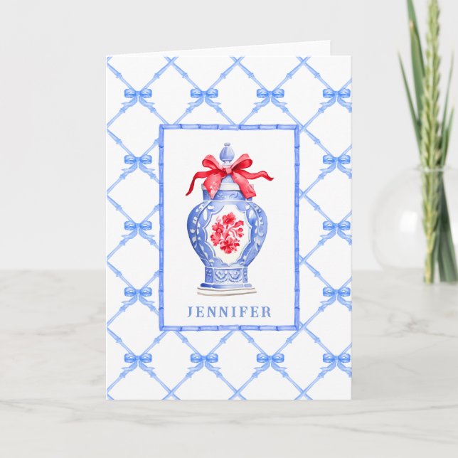 Grandmillennial Chinoiserie Ginger Jar w/ Red Bow Note Card (Front)