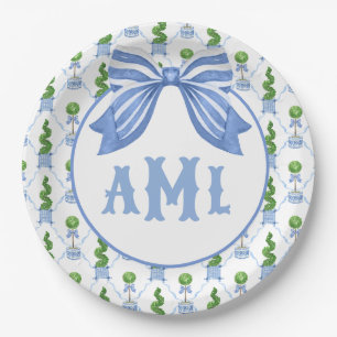 Grandmillennial Chinoiserie Monogram Topiary Paper Plate