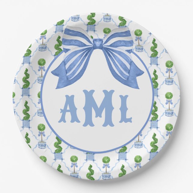 Grandmillennial Chinoiserie Monogram Topiary Paper Plate (Front)