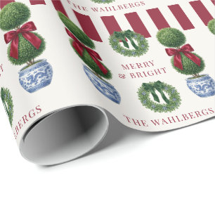 Grandmillennial Chinoiserie Topiary Red Bow Stripe Wrapping Paper