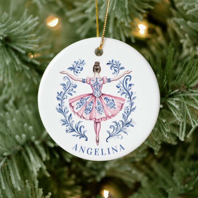Grandmillennial Christmas Damask Ballerina Ceramic Ornament (Tree)