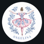 Grandmillennial Christmas Damask Ballerina Classic Round Sticker<br><div class="desc">This Christmas sticker has a ballerina with a pink and blue damask dress. You can personalize with a name.</div>