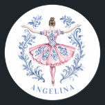 Grandmillennial Christmas Damask Ballerina Classic Round Sticker<br><div class="desc">This Christmas sticker has a ballerina with a pink and blue damask dress. You can personalize with a name.</div>